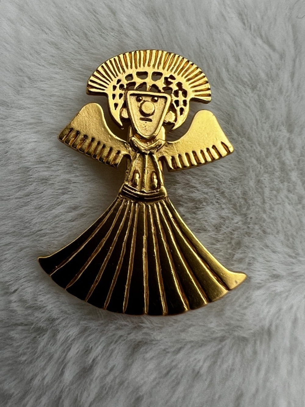 Vintage Pre-Columbian Shaman Winged Angel Brooch Museum Replica Gold Tone